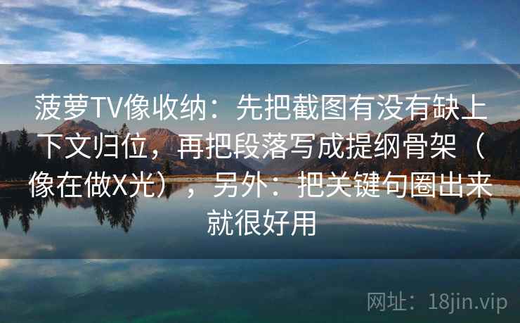 菠萝TV像收纳：先把截图有没有缺上下文归位，再把段落写成提纲骨架（像在做X光），另外：把关键句圈出来就很好用